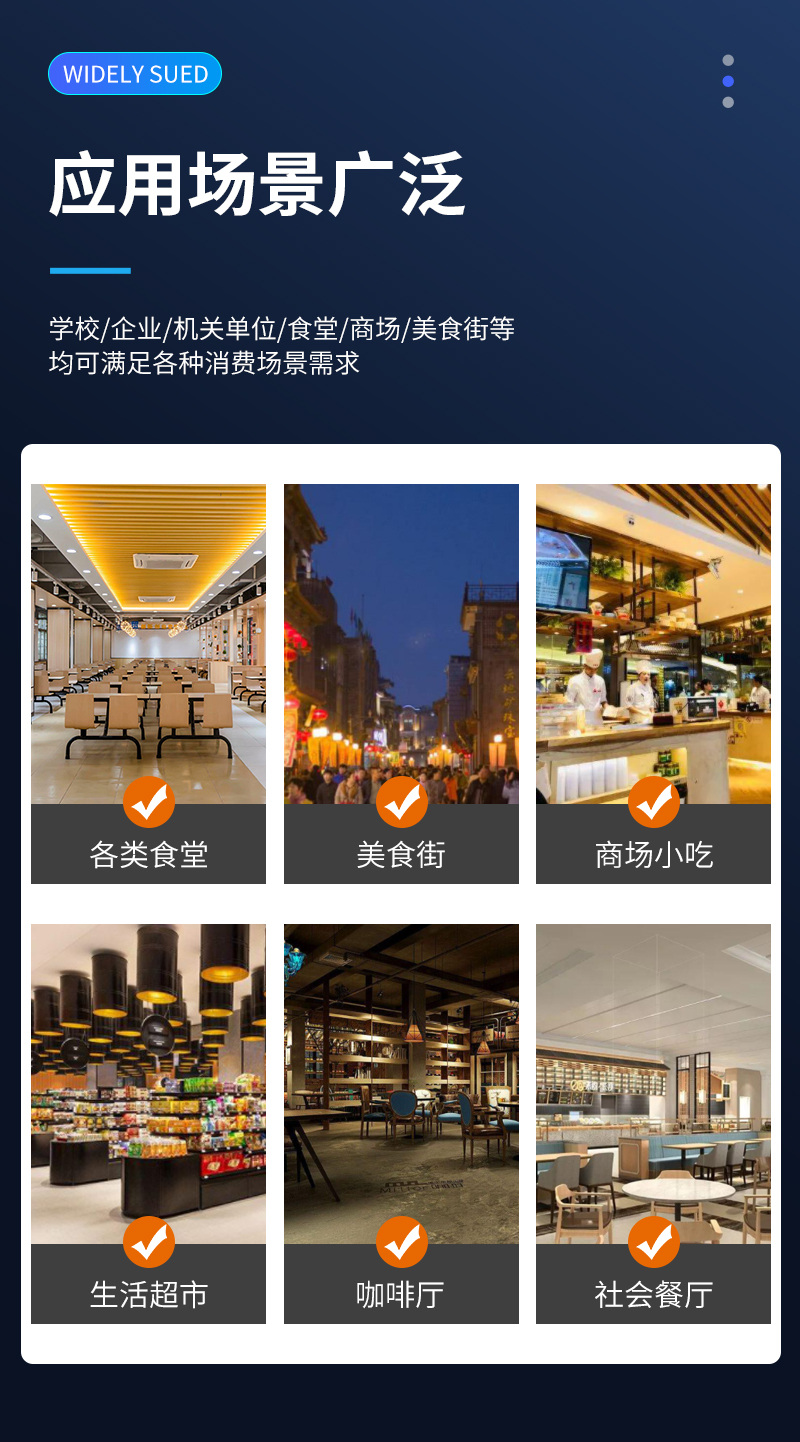 應(yīng)用場景廣泛,學(xué)校、企業(yè)、機關(guān)單位、食堂、商場、美食街等,均可滿足各類消費場景需求