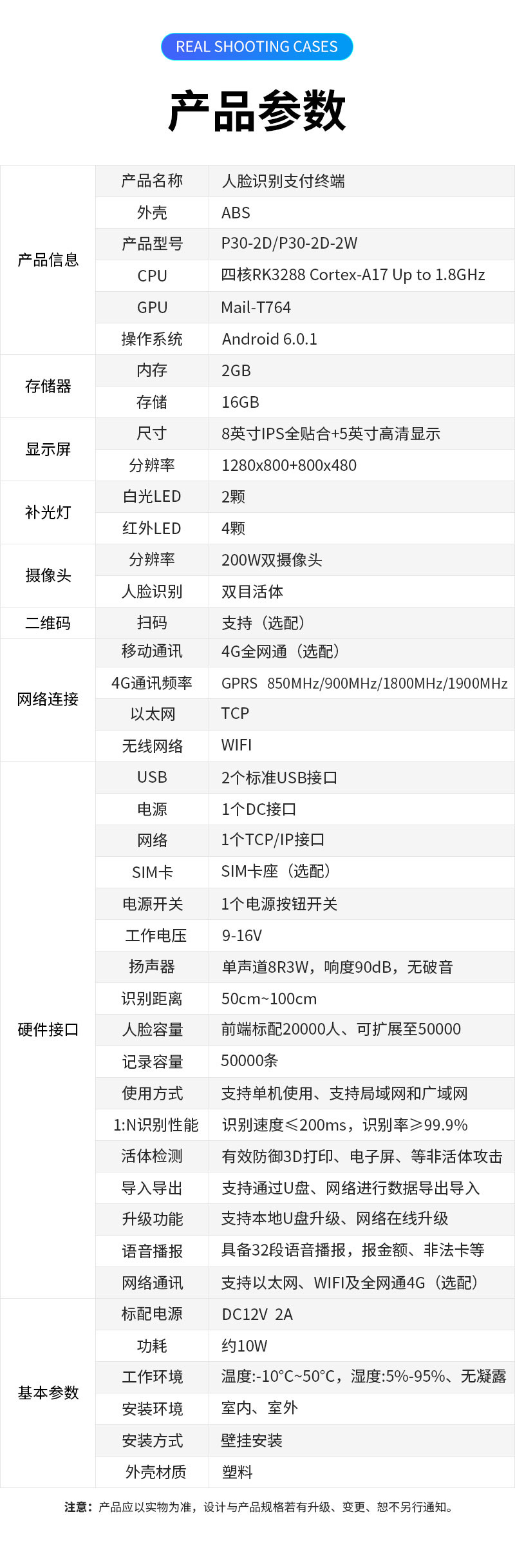 產(chǎn)品參數(shù),產(chǎn)品名稱：人臉識別支付終端,外殼：ABS塑料,產(chǎn)品型號：P30-2D/P30-2D-2W,CPU：四核RK3288 Cortex-A17 Up to 1.8GHz,GPU：Mail-T764,操作系統(tǒng)：Android 6.0.1,內(nèi)存：2GB,存儲：16GB,顯示屏尺寸：8英寸IPS全貼合＋5英寸高清顯示,分辨率：1280×800＋800×480,補光燈:白光LED2顆,紅外LED	4顆,攝像頭分辨率：200W雙目攝像頭,人臉識別：雙目活體，二維碼：掃碼支持（選配）,網(wǎng)絡(luò)連接移動通訊：4G全網(wǎng)通（選配）,4G通訊頻率：GPRS?850MHz?/900MHz?/1800MHz?/1900MHz,以太網(wǎng)：TCP,無線網(wǎng)絡(luò)：WIFI,硬件接口USB：2個標(biāo)準(zhǔn)USB接口,電源：1個DC接口,網(wǎng)絡(luò)：1個TCP/IP接口,SIM卡:SIM卡座（選配）,電源開關(guān)：1個電源按鈕開關(guān),工作電壓：9-16V,揚聲器：單聲道8R3W，響度90dB，無破音,識別距離：50cm～100cm ,人臉容量：前端標(biāo)配20000人、可擴展至50000，支持超大容量后端識別,記錄容量：50000條,使用方式：支持單機使用、支持局域網(wǎng)和廣域網(wǎng),1:N識別性能：識別速度≤200mS，識別率≥99.9%,活體檢測：有效防御3D打印、電子屏、視頻、圖片、面具等非活體攻擊,導(dǎo)入導(dǎo)出：支持通過U盤、網(wǎng)絡(luò)進行數(shù)據(jù)及參數(shù)導(dǎo)入導(dǎo)出,升級功能：支持本地U盤升級、網(wǎng)絡(luò)在線升級,語音播報：具備32段語音播報，報金額，報限次，報非法卡等,網(wǎng)絡(luò)通訊：支持以太網(wǎng)、WIFI及全網(wǎng)通4G（選配）, 基本參數(shù)標(biāo)配電源：DC12V 2A,功耗：約10W,工作環(huán)境：溫度：-10℃～50℃，濕度：5％-95％、無凝露,安裝環(huán)境：室內(nèi)、室外,安裝方式：壁掛安裝,外殼材質(zhì)：塑料,注意：產(chǎn)品應(yīng)以實物為準(zhǔn)，設(shè)計與產(chǎn)品規(guī)格若有升級、變更，恕不另行通知。